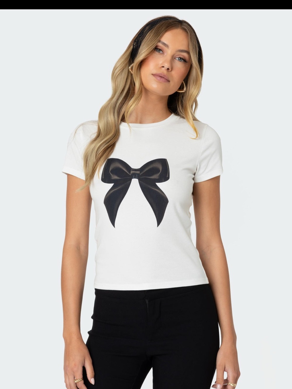 Edikted White Short Sleeve Tee with Black Bow Graphic